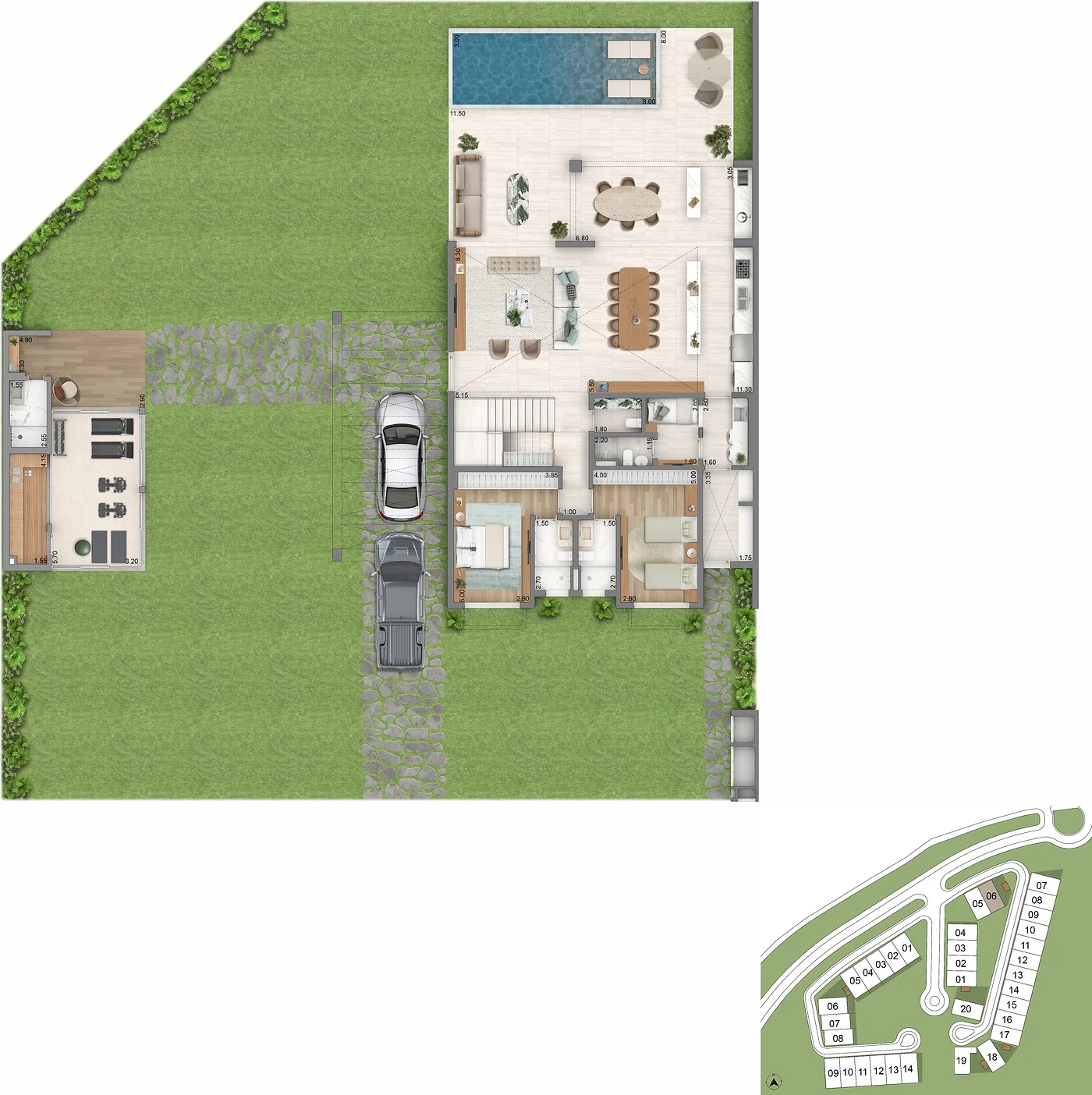 Planta Villa Riviera — Implantação no lote, 367 m²