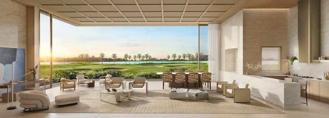 Living do apartamento de 265,50 m² aberto para o campo de golfe